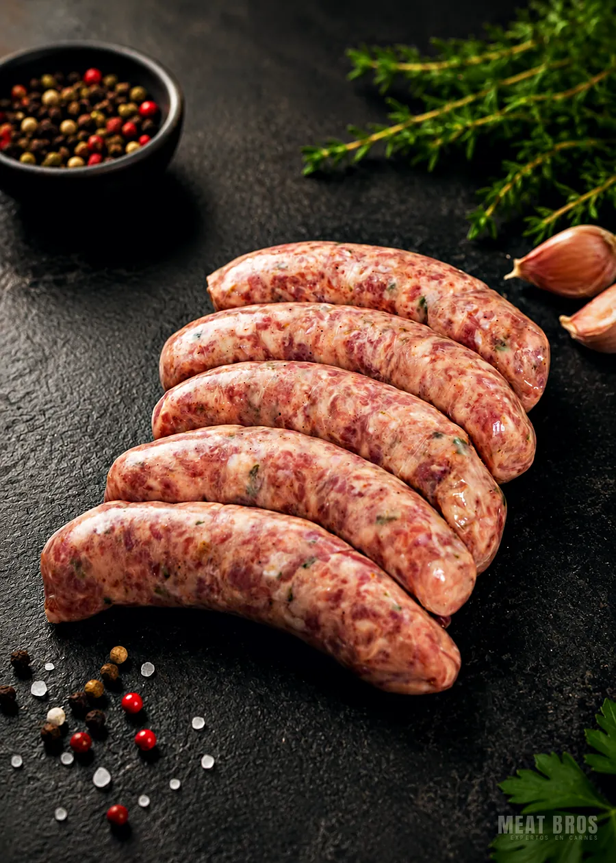 Seis chorizos de cerdo frescos alineados, con tomillo y pimienta