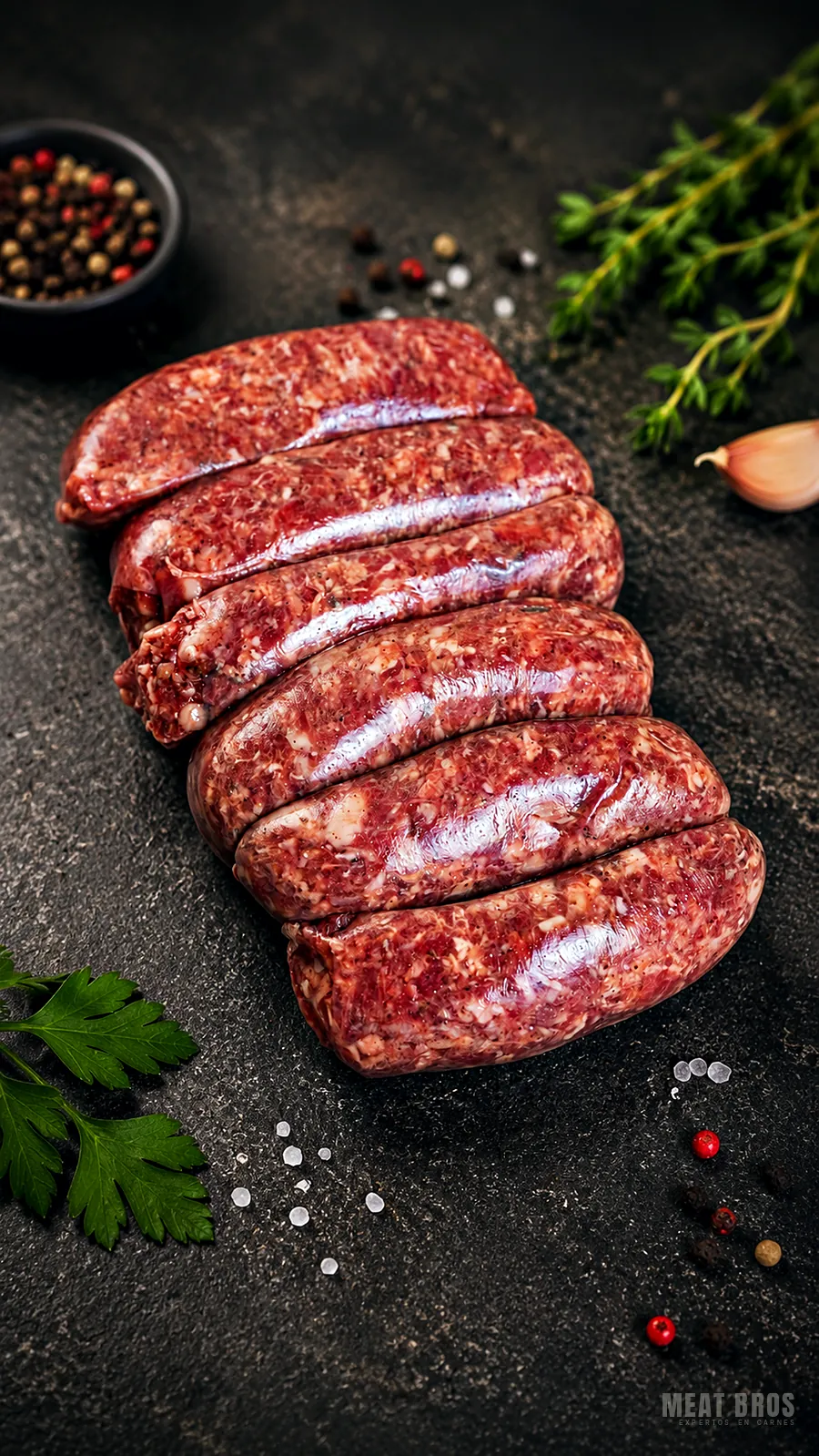 Chorizos de res frescos alineados sobre piedra oscura
