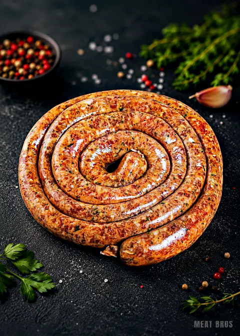 Longaniza fresca enrollada en espiral, con hierbas y pimienta