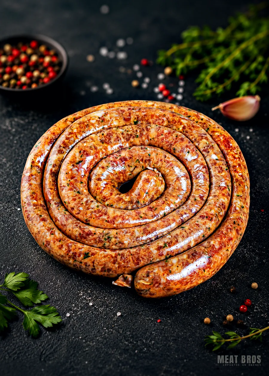 Longaniza fresca enrollada en espiral, con hierbas y pimienta